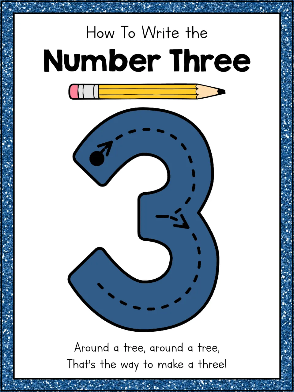 How to write the number three: two-curve stroke path for a 3 with arrows and the rhyme 'around a tree, around a tree'