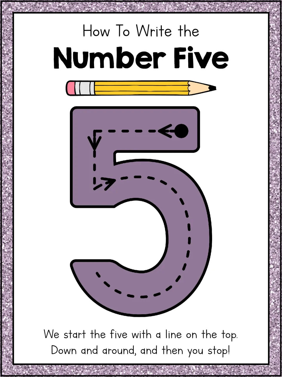 How to write the number five: formation starts with the top line, then down and around, with arrows and a matching rhyme
