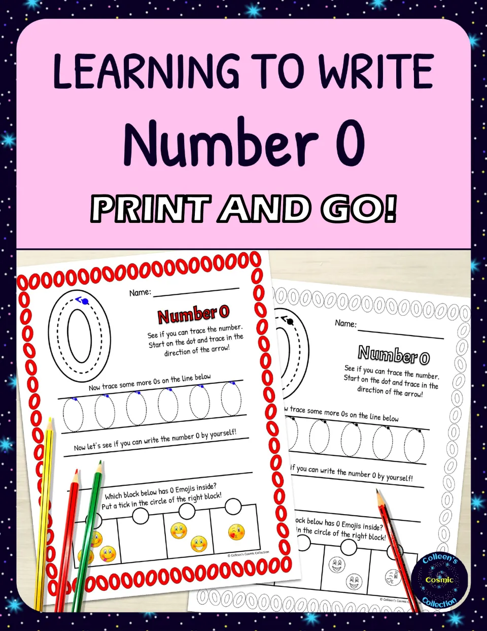 Cover for learning to write number 0, showing color and black-and-white versions of the tracing worksheet