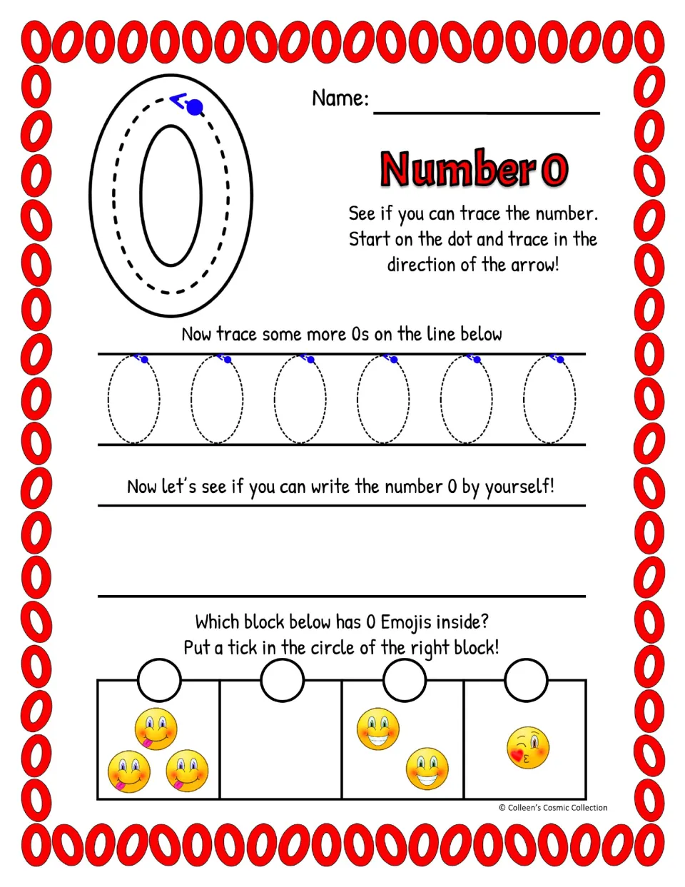 Color number 0 practice: trace a large zero and six smaller zeros, write zeros, and identify zero emojis