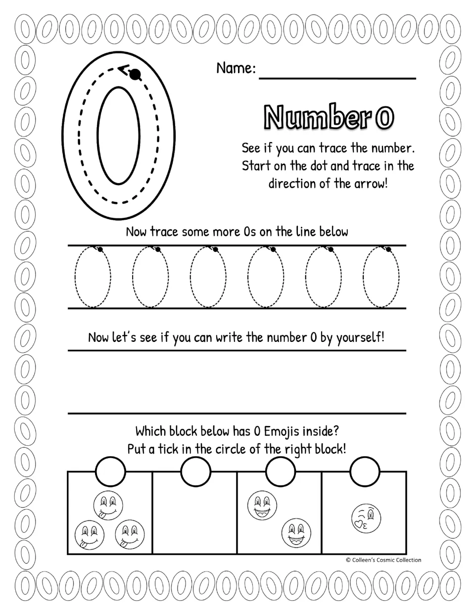 Black-and-white number 0 practice: trace seven zeros, write zeros independently, and identify zero emojis