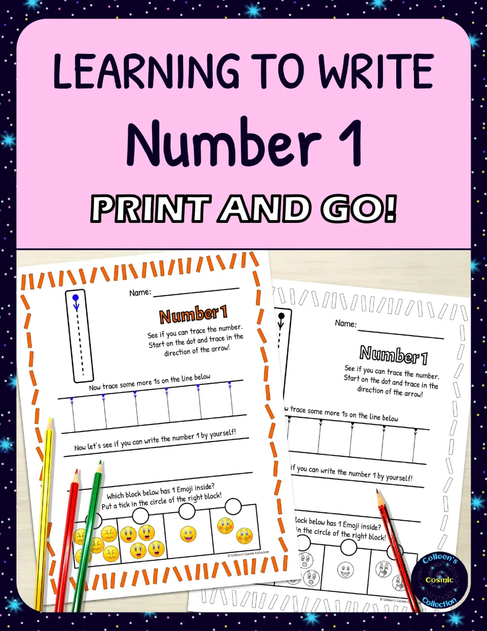 Learning to Write Number 1 cover: color and black-and-white tracing sheets with an emoji counting task