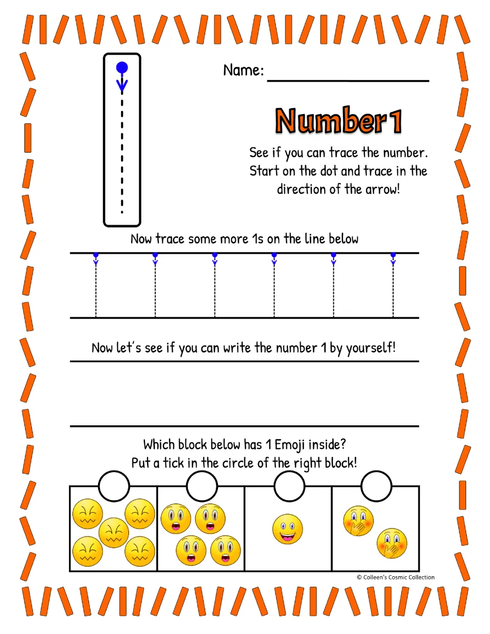 Number 1 as a single straight stroke: students trace from the dot, trace six more, write 1 alone, tick the 1-emoji block