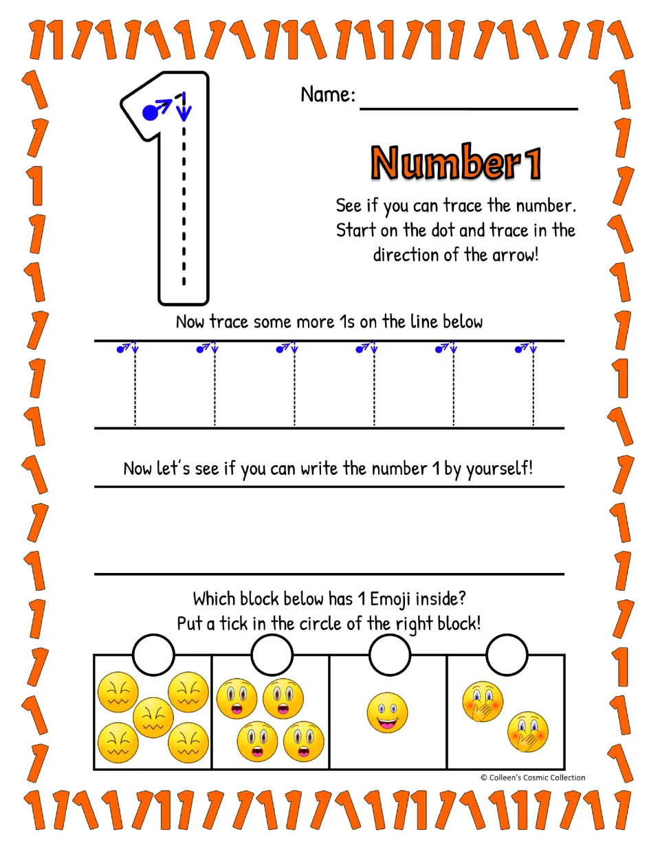 Number 1 with a top flag stroke: students trace the big 1 and six more, write their own 1, then find the 1-emoji block