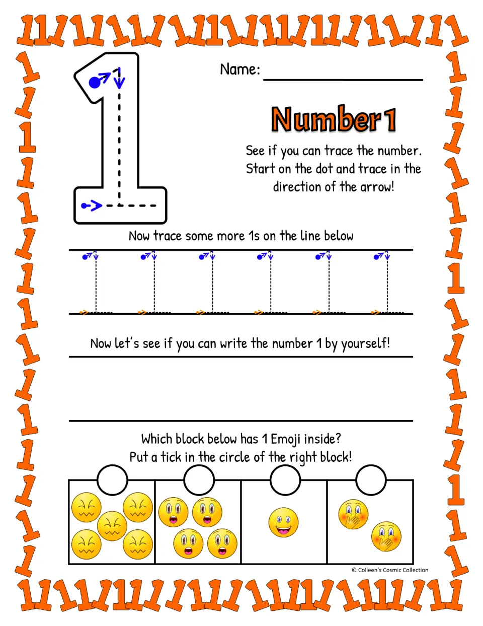 Number 1 with flag and base: students trace a three-stroke 1, trace six more, write it alone and tick the 1-emoji block