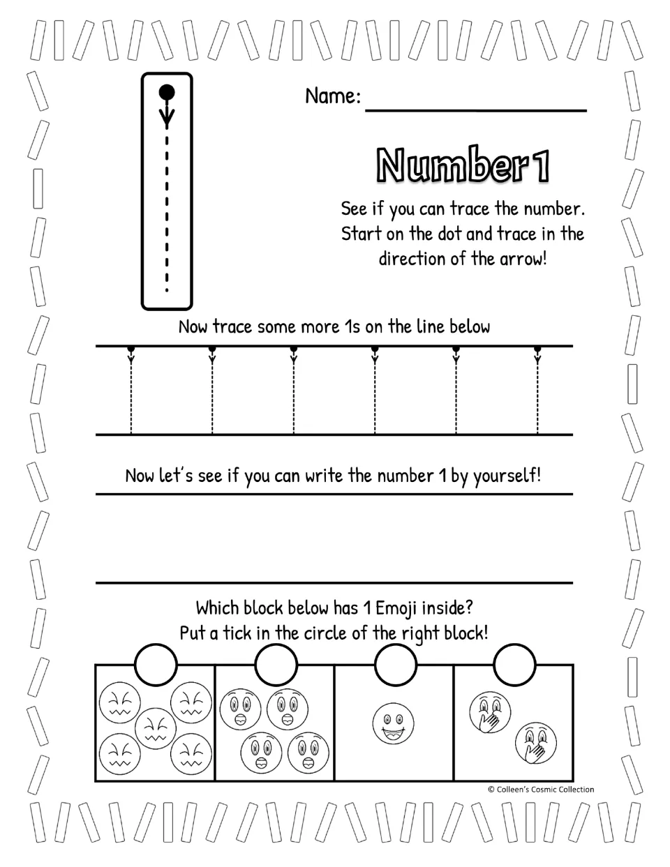 Black-and-white straight-line 1: students trace from the dot, trace a row of 1s, write 1 alone and tick the single emoji