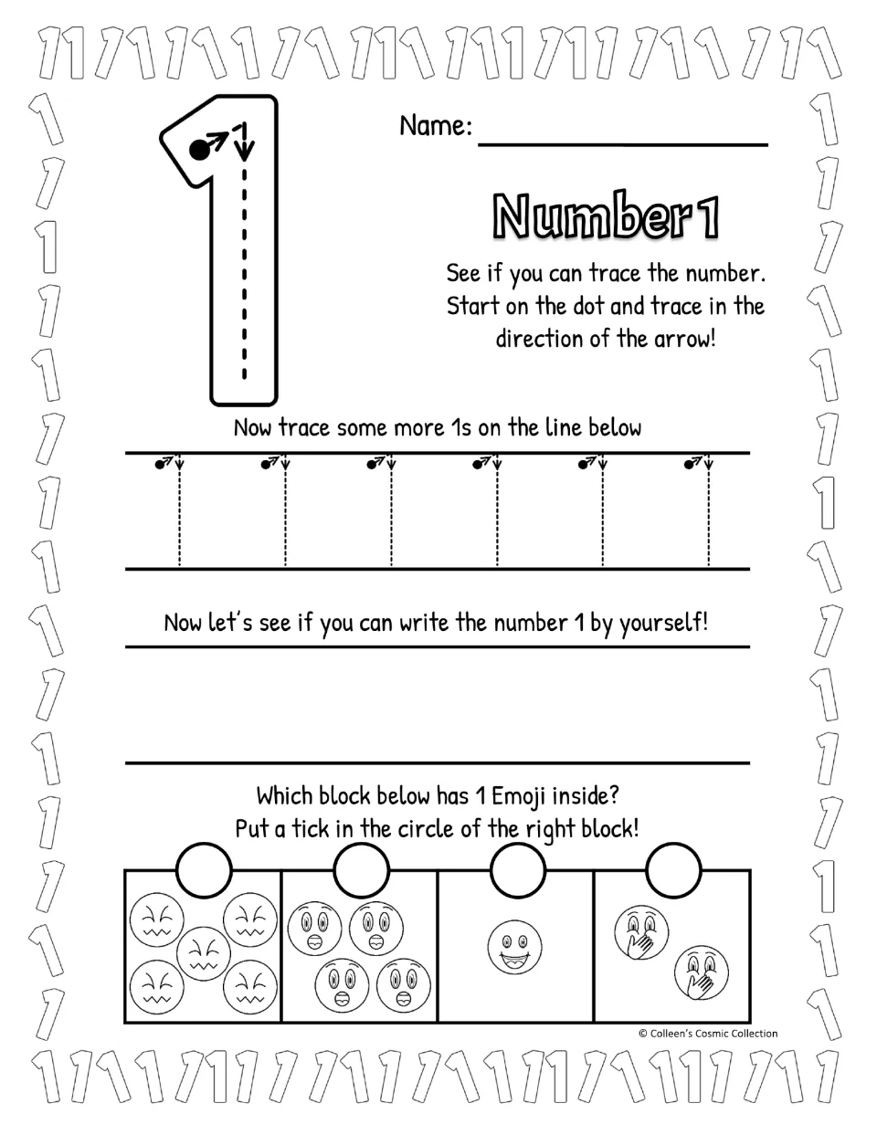 Black-and-white flagged 1: students trace the large numeral and a row of 1s, write 1 unaided, pick the 1-emoji block