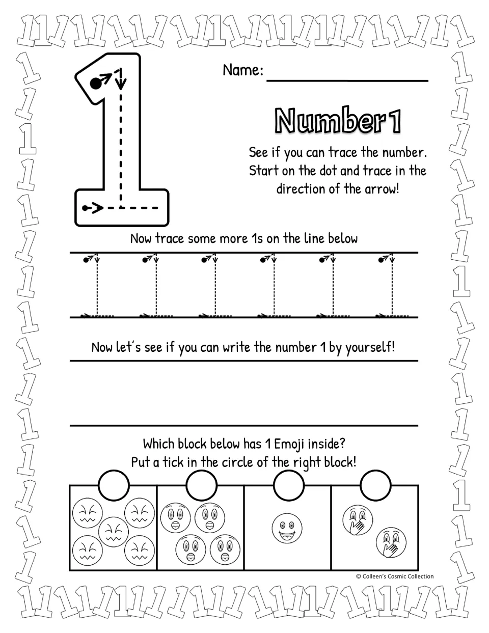 Black-and-white 1 with flag and base: students trace each stroke, trace six more 1s, write some and tick the 1-emoji box