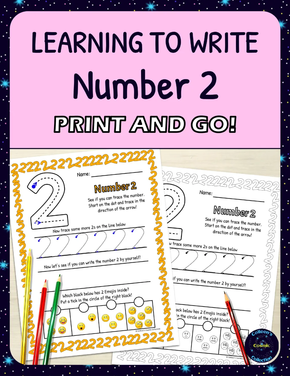 Learning to Write Number 2 cover: print-and-go tracing pages in color and black and white with an emoji counting task