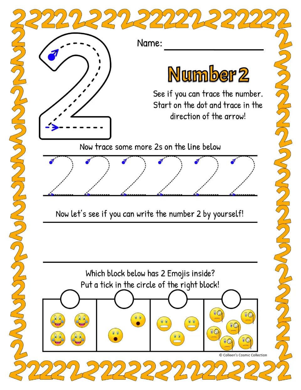 Number 2 formation in color: trace a big 2 from the dot, trace six more, write 2s alone, then tick the group of 2 emojis