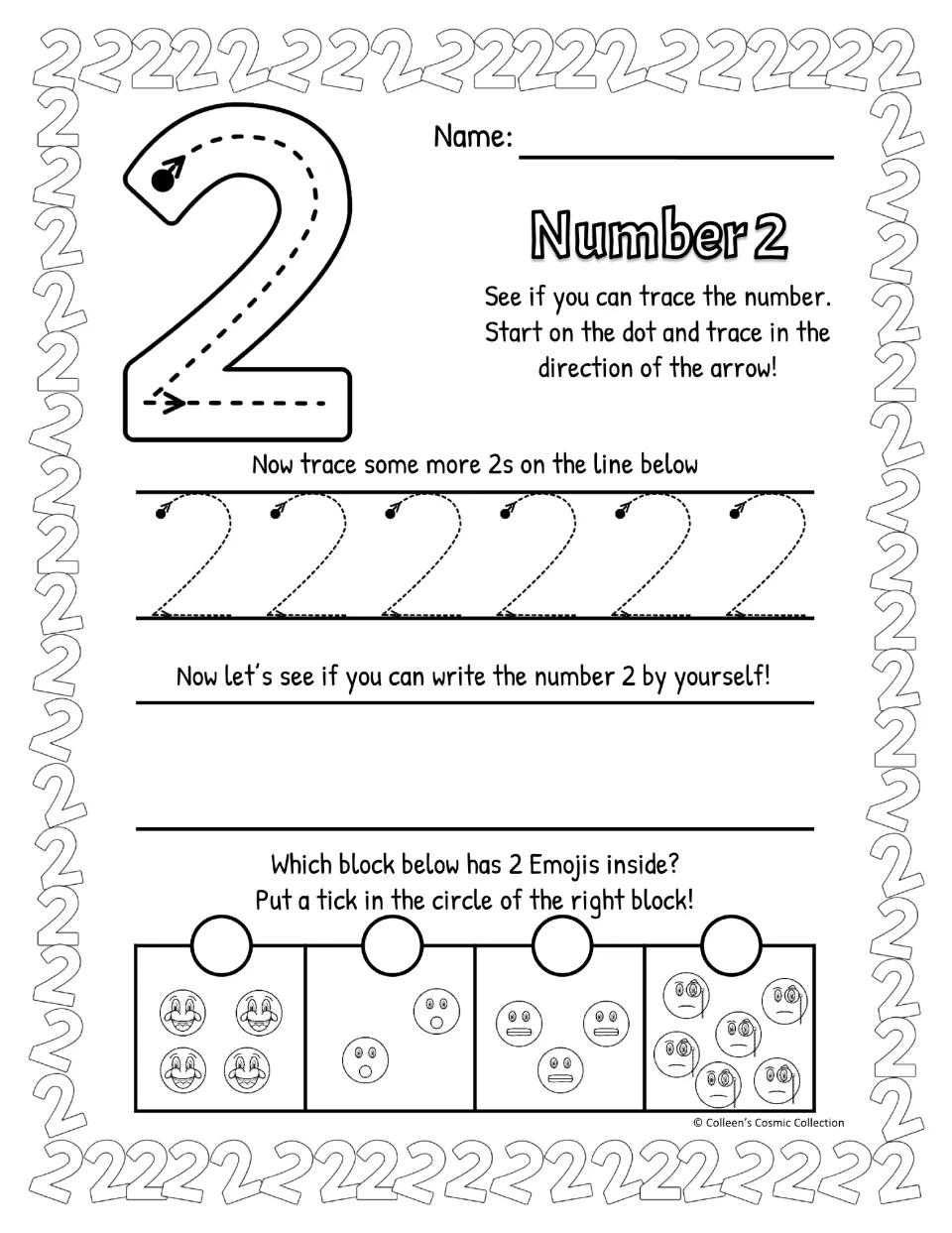 Black and white Number 2 page: trace the large 2 and a row of dotted 2s, write 2 freehand and pick the group of two emojis