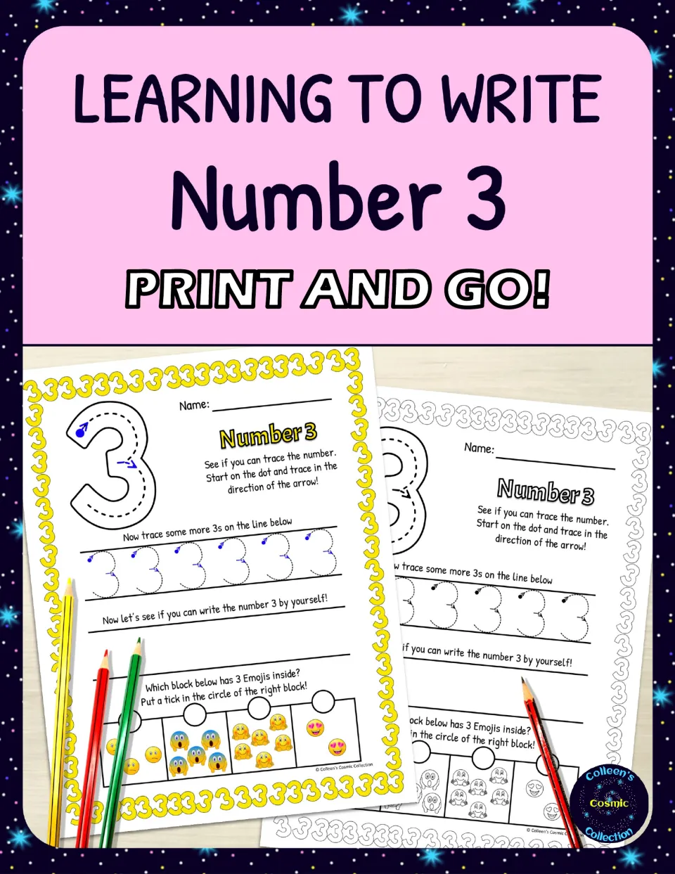 Learning to Write Number 3 cover, print and go: color and black-and-white pages for tracing 3s and counting 3 emojis