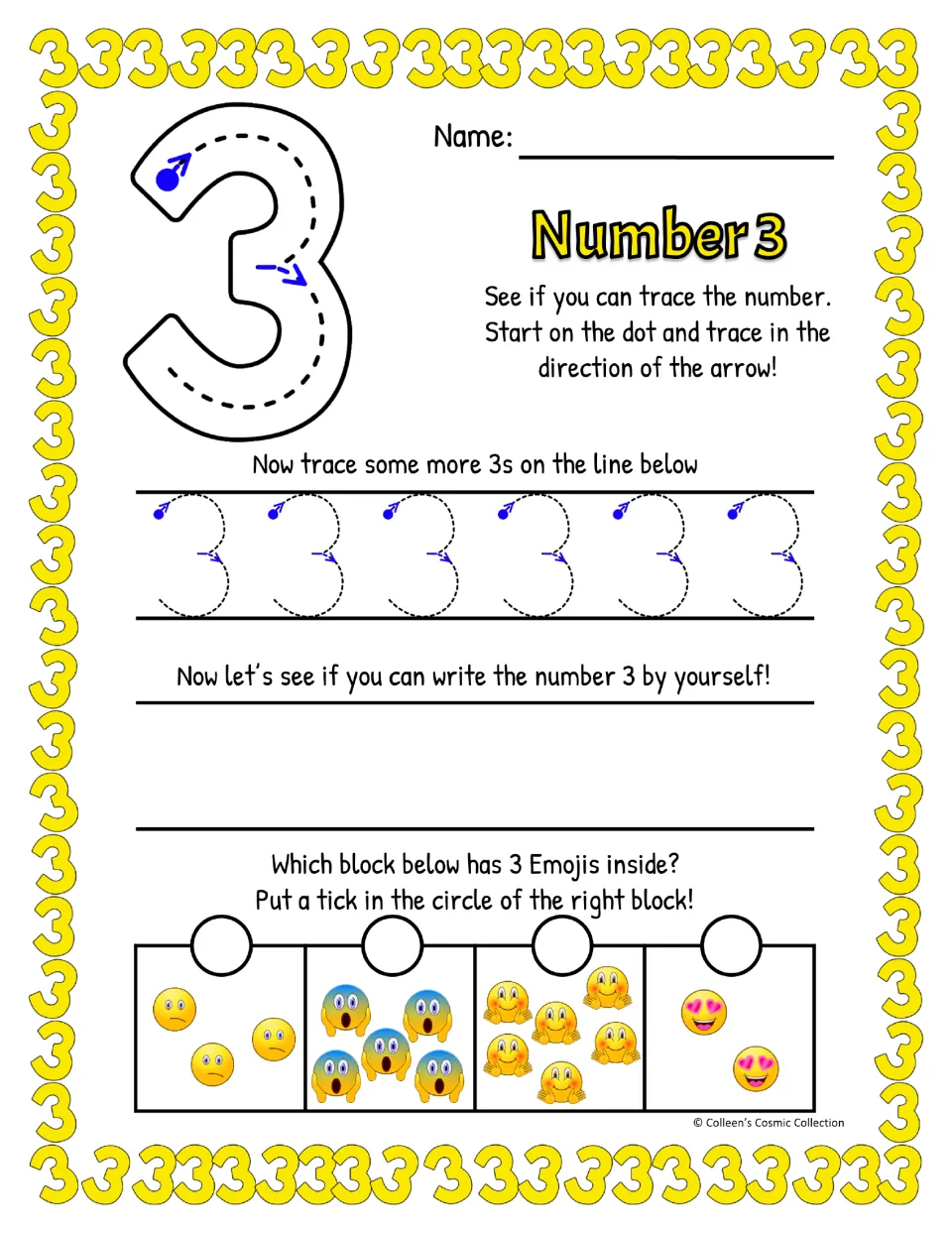 Number 3 formation in color: trace a big 3 from the dot, trace six more 3s, write 3 alone and tick the block of 3 emojis