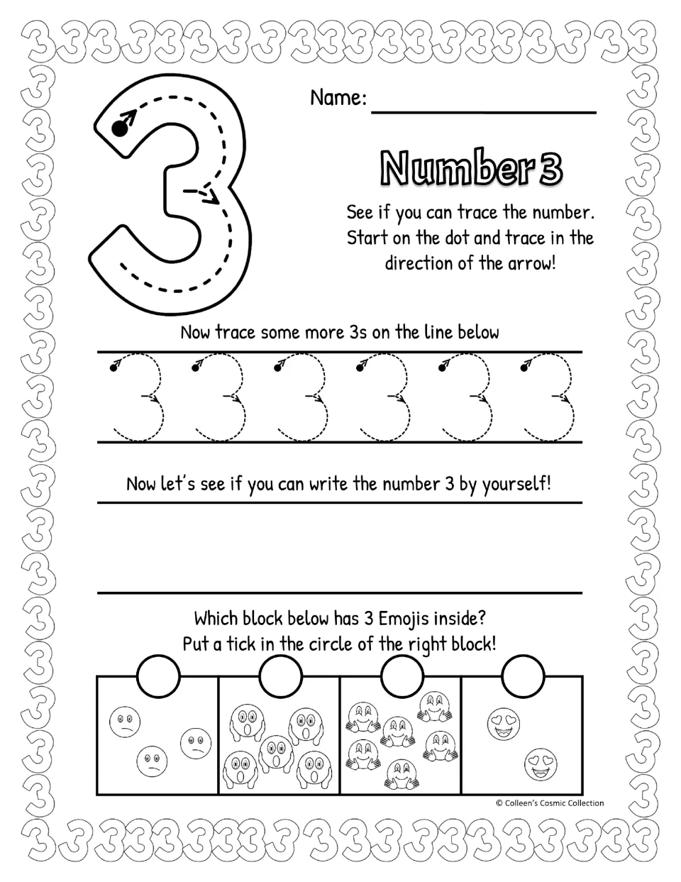 Black-and-white Number 3 practice: trace a 3 by arrows, trace a row of 3s, write 3 freehand, tick the group of 3 emojis