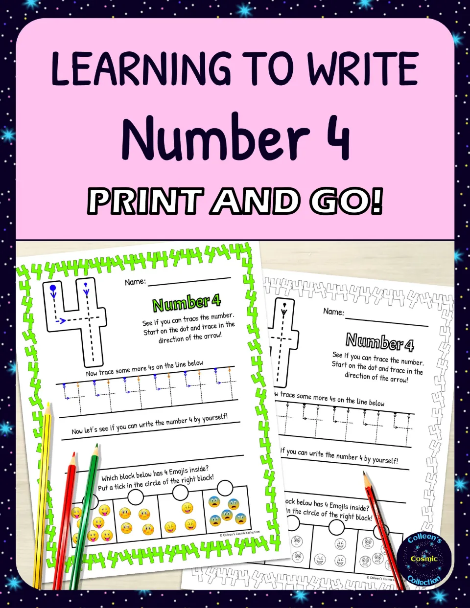 Learning to Write Number 4 cover: color and black-and-white tracing pages with a counting task to find 4 emojis