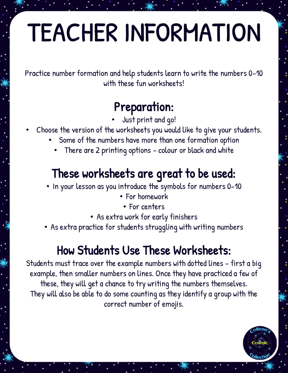 Teacher information: preparation notes, suggested uses and how students trace, write and count emojis for numbers 0-10
