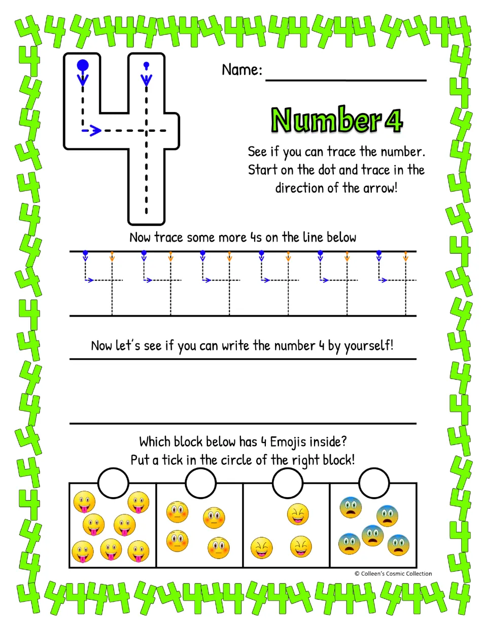 Number 4 in color, open-top style: students trace a big 4 by arrows, trace and write 4s, then tick the 4-emoji group