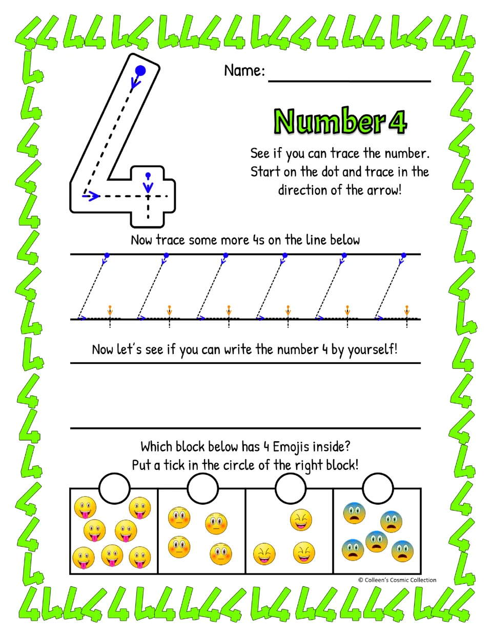 Number 4 in color, closed slanted style: students trace a large 4 and a row of 4s, write 4 freehand, find the 4-emoji box