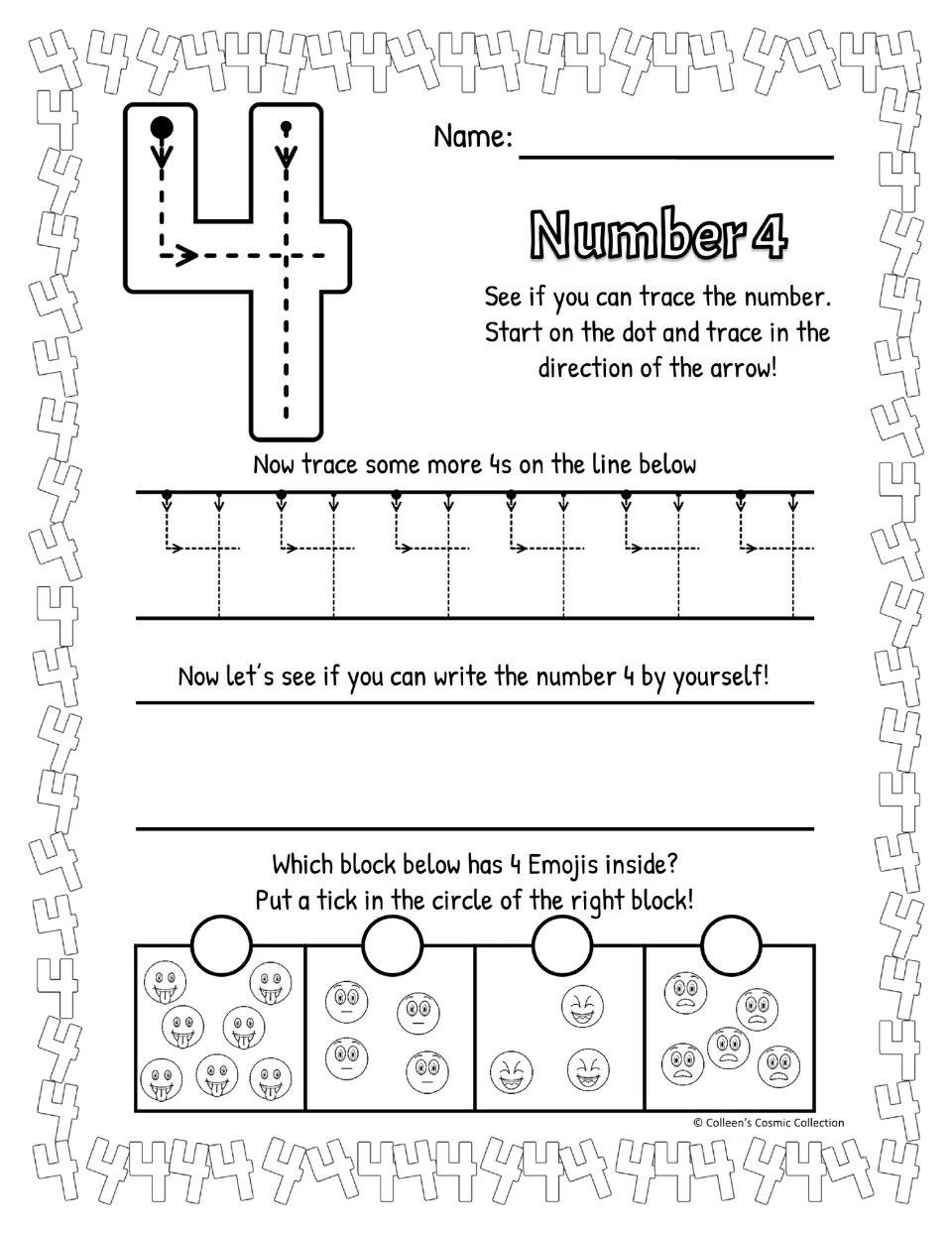 Black-and-white open-top 4 formation: trace the numeral and a row of 4s, write 4 independently, tick the set of 4 emojis