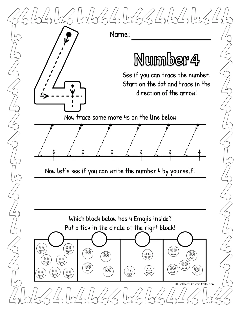 Black-and-white closed 4 formation: follow the dot on a slanted 4, trace a row, write 4 solo and pick the 4-emoji box