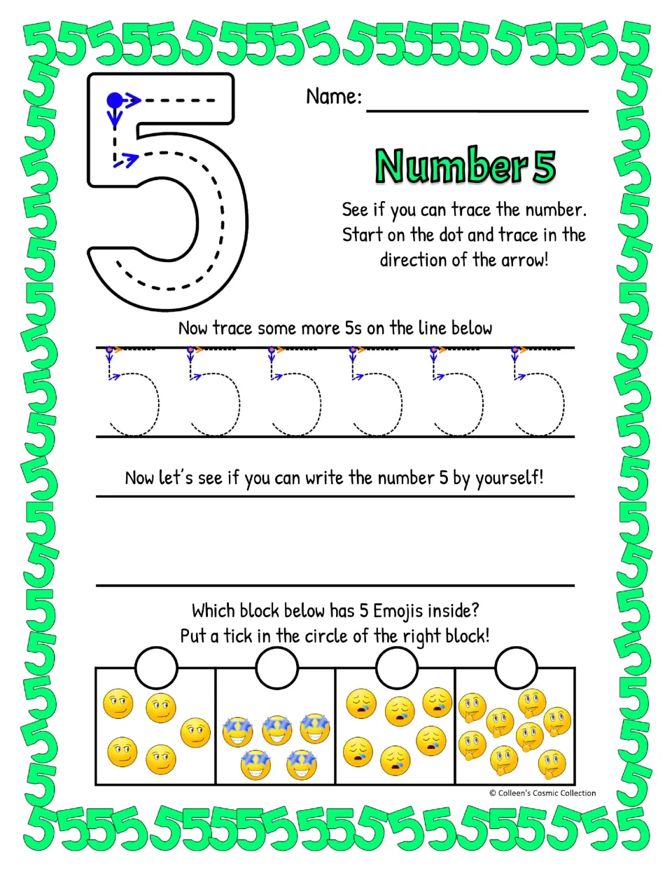 Number 5 formation in color, top-left start: trace a big 5 and a row of 5s, write 5 alone, then tick the block of 5 emojis