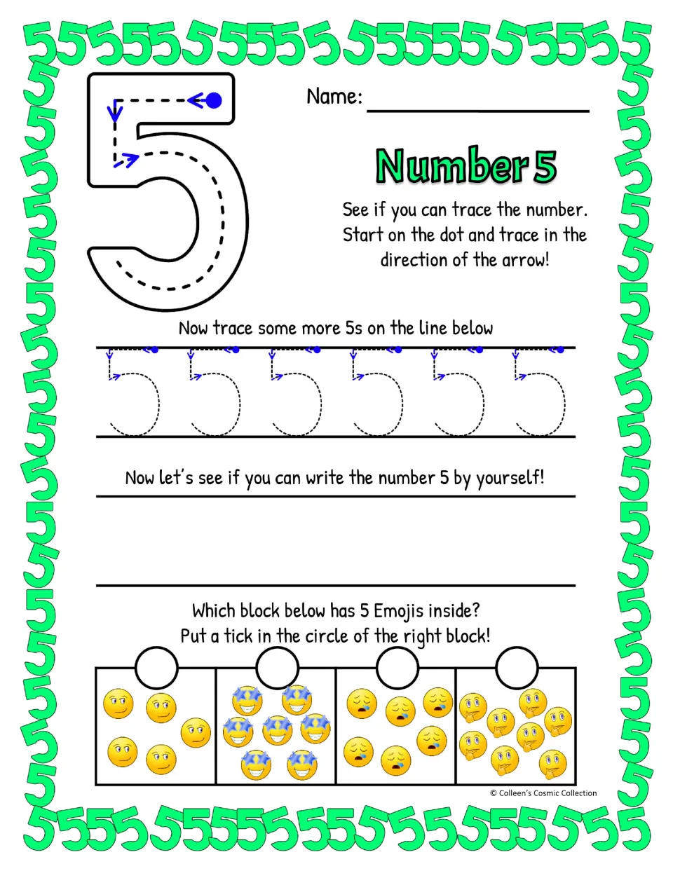 Number 5 formation in color, top-right start: trace the 5 leftward, trace a row, write it alone, then count to find 5 emojis