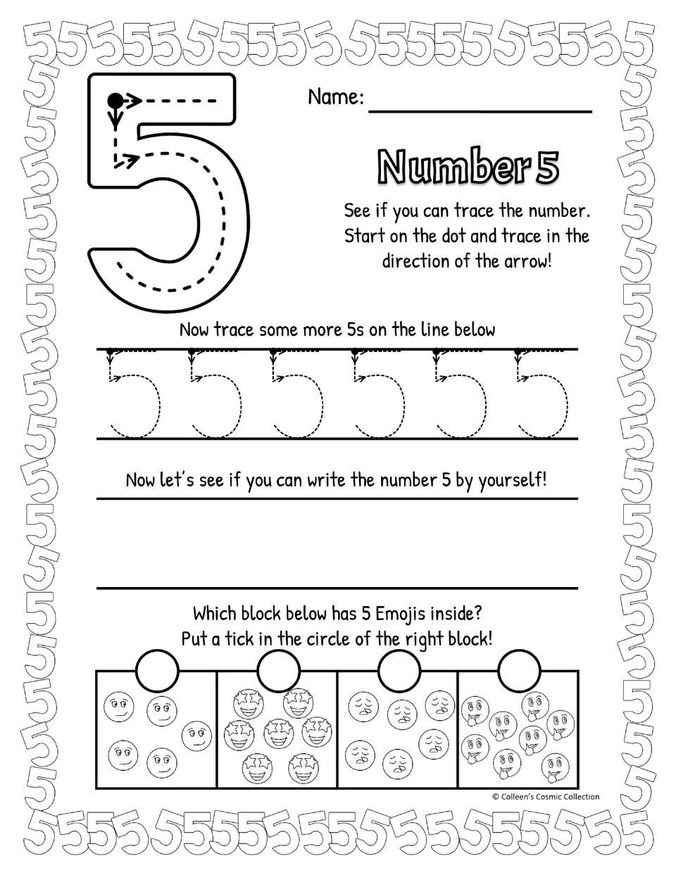 Black-and-white number 5 practice, top-left start: trace, repeat along the line, write freehand and tick the group of 5