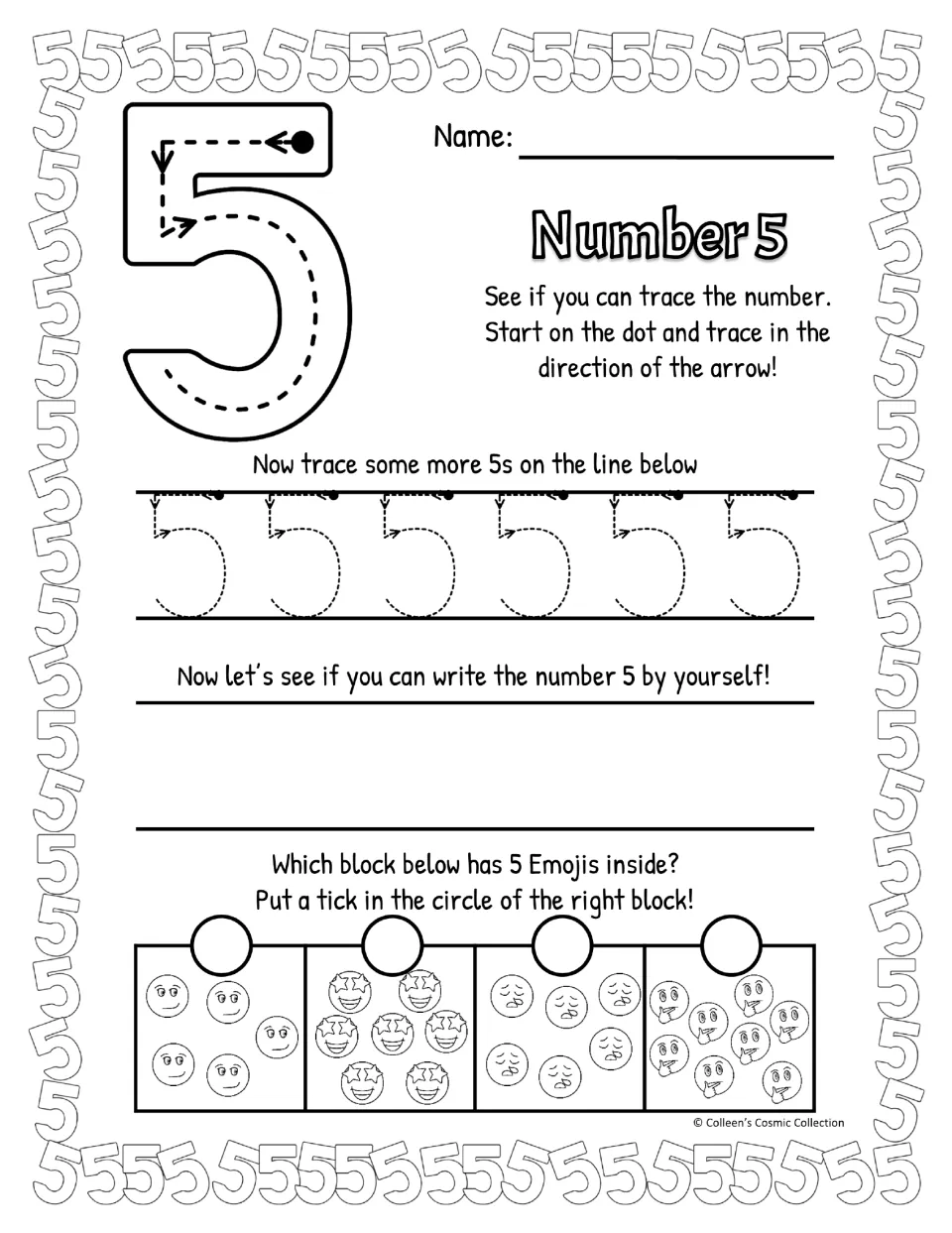 Black-and-white number 5 practice, top-right start: dotted 5s traced leftward, then freehand writing and a counting check