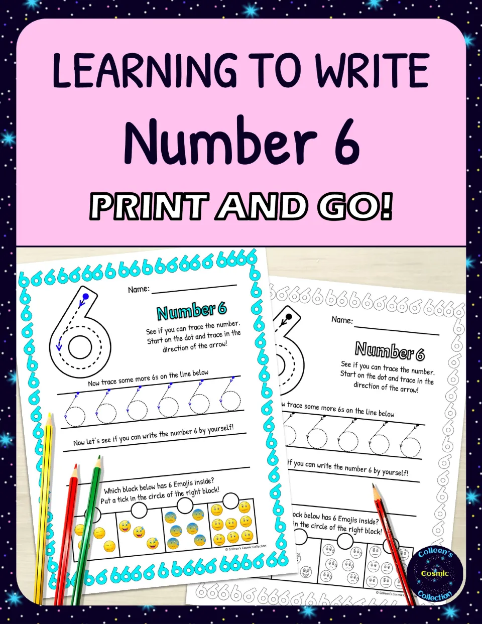 Number 6 writing practice cover labeled 'Learning to Write' and 'Print and Go!' with color and uncolored samples
