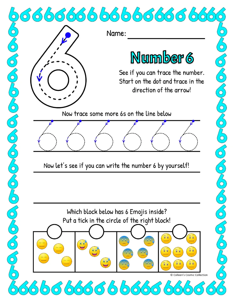 Number 6 practice using a slanted starting stroke: trace a large model and six small 6s, write, and count emojis