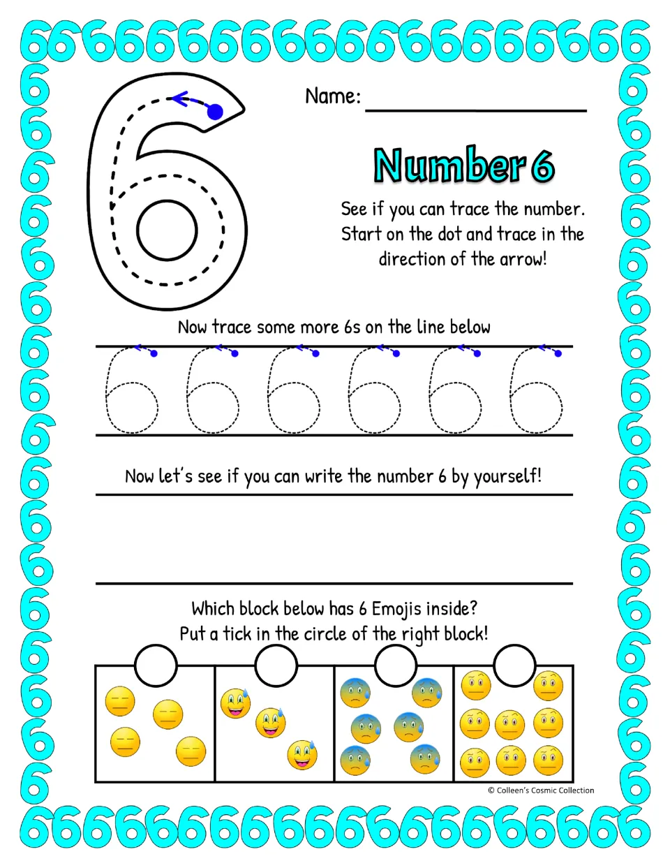 Number 6 practice using a curved starting stroke: trace a large model and six small 6s, write, and count emojis