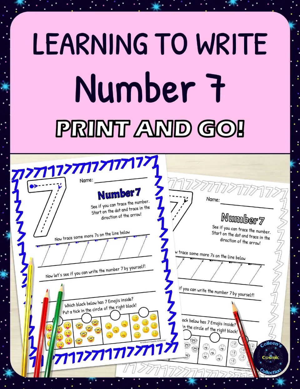 Learning to Write Number 7 cover: print-and-go tracing pages in colour and black and white, shown with colored pencils