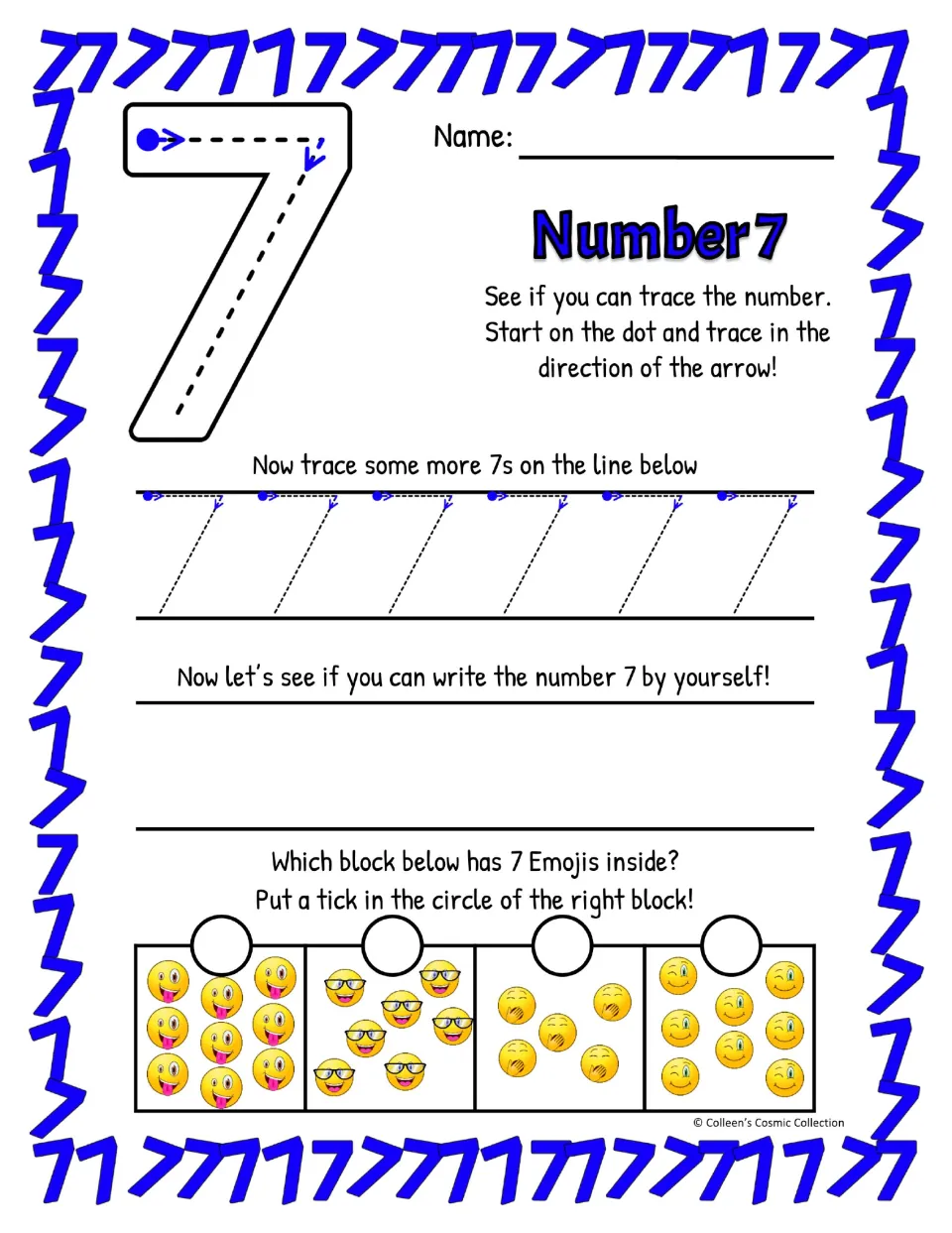 Number 7 in colour: students trace a big 7 from the dot, trace a row of 7s, write 7 alone and tick the block with 7 emojis