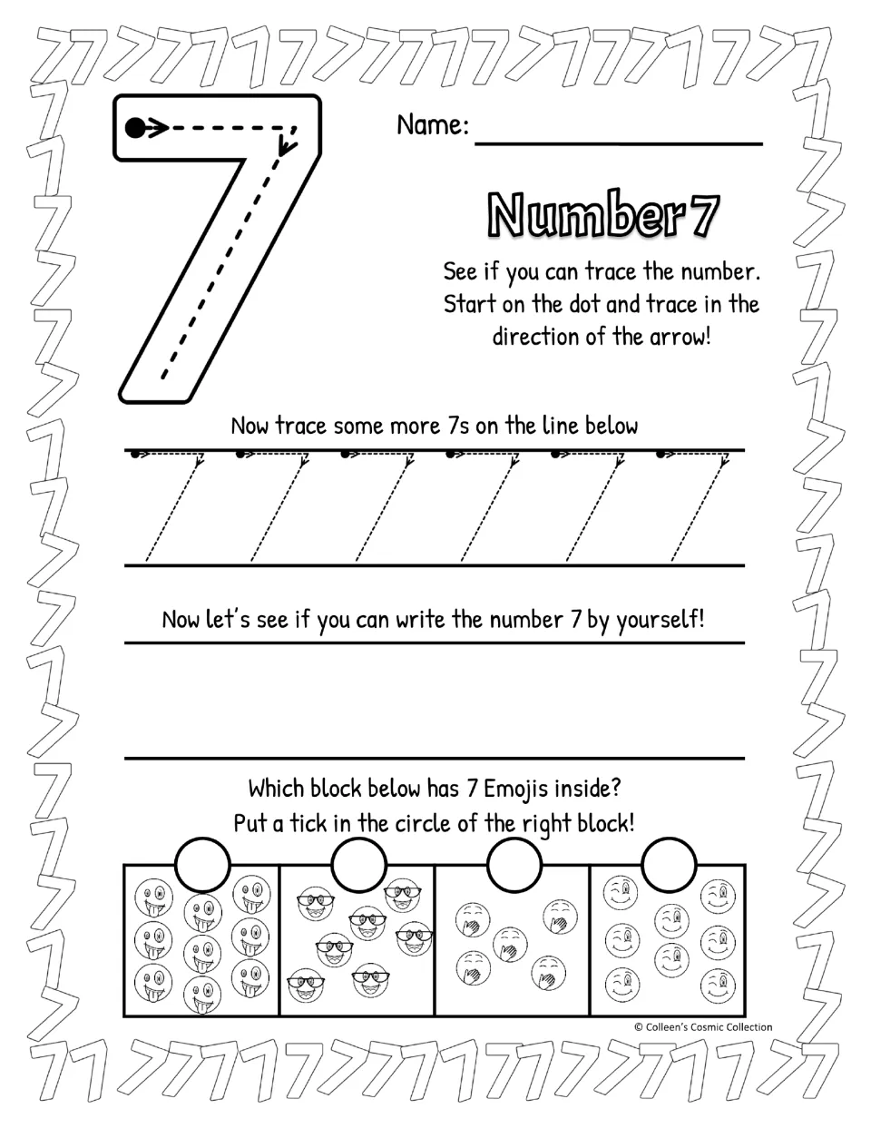 Black-and-white number 7 practice: trace the big 7 by the arrows, trace more 7s, write it alone, count emojis to find 7