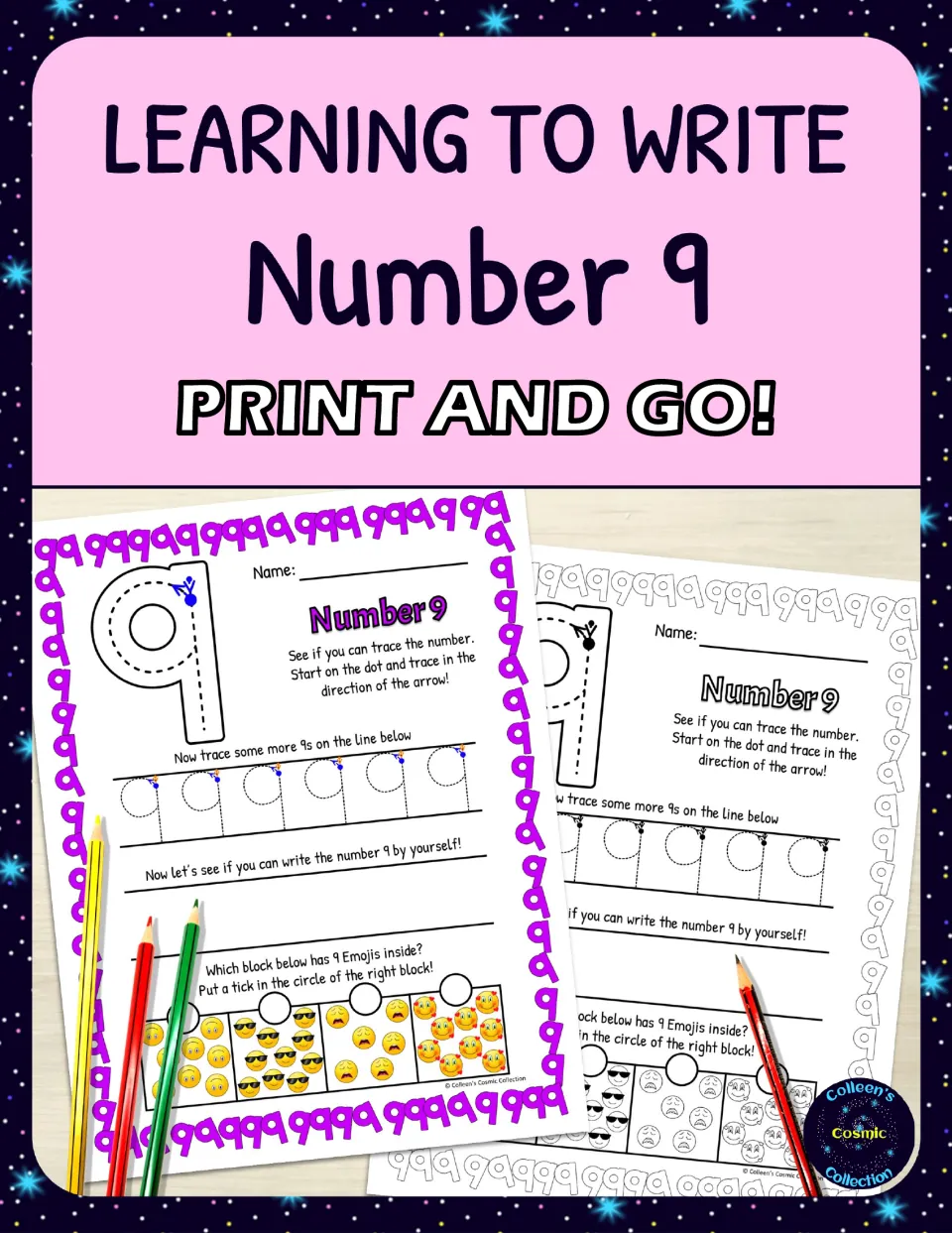 Learning to Write Number 9 cover: print-and-go tracing pages in color and black and white with an emoji counting task
