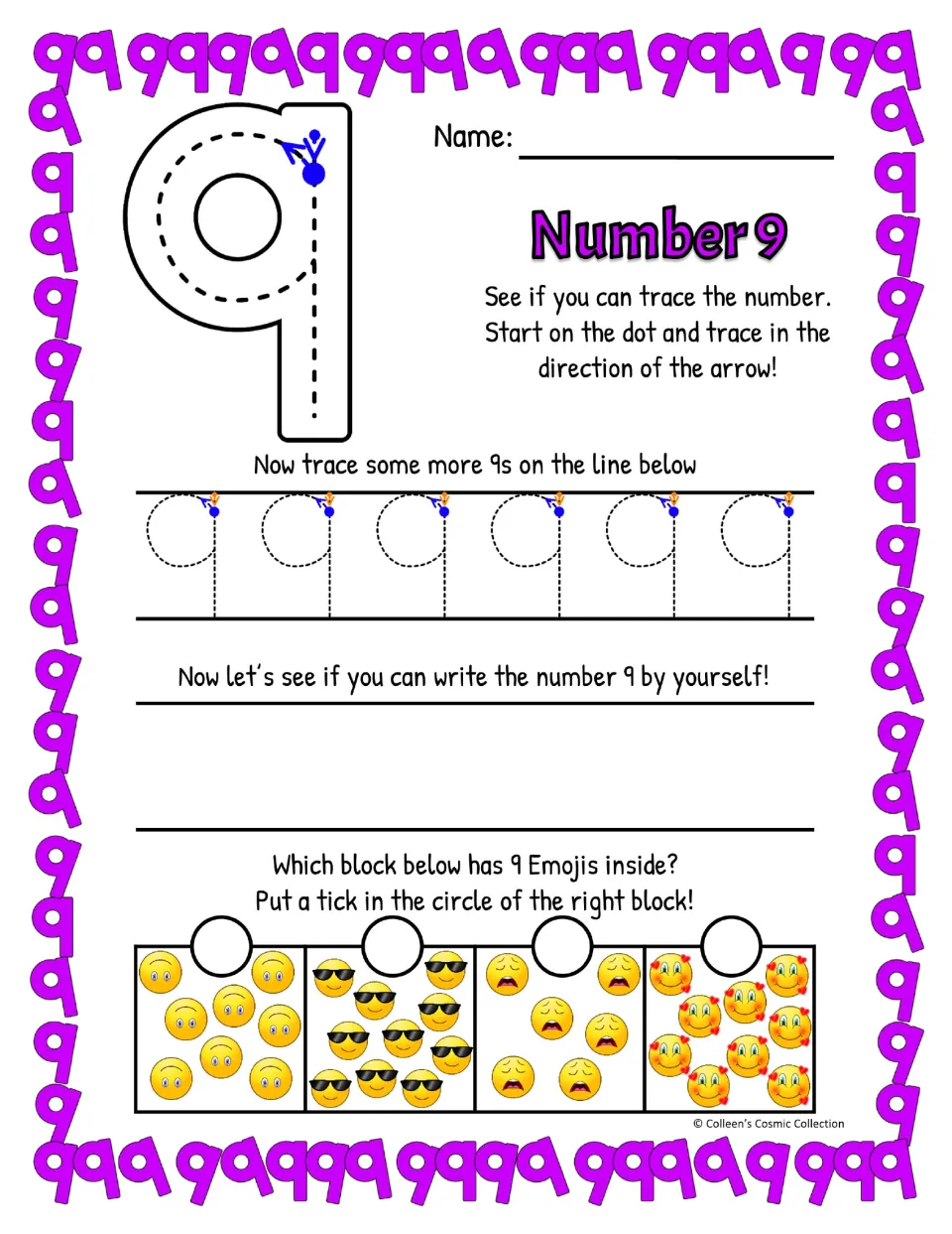 Number 9, straight stem: students trace a big 9 from the dot, trace six more, write 9 alone and tick the block of 9 emojis