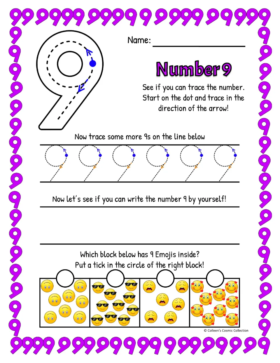 Slanted-stem 9: students follow the arrows to trace a big 9 and a row of 9s, write it solo, then count emoji groups to 9