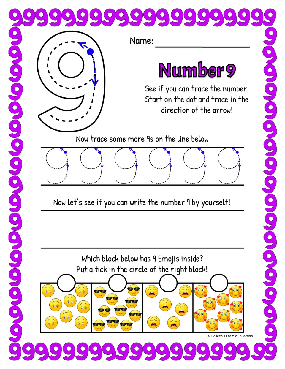 Curved-tail 9: students trace the rounded 9 from the start dot, practise a traced row, write their own and count to 9