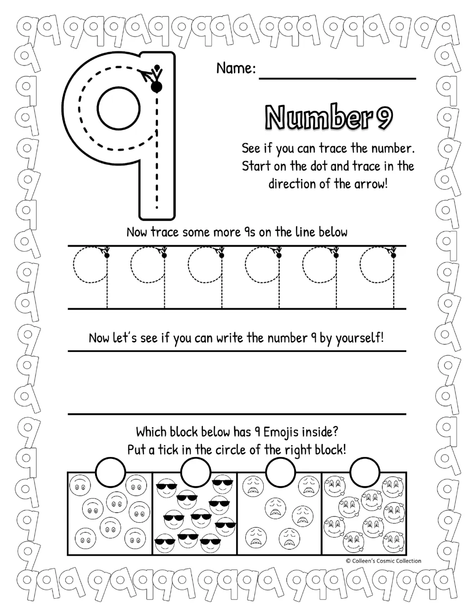 Black-and-white 9 tracing, straight-stem style: trace from the dot, trace six 9s, write 9 independently, tick 9 emojis