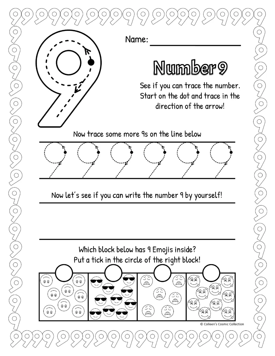Black-and-white slanted-stem 9: students follow arrows to trace a big 9 and a row of 9s, then write one and find 9 emojis