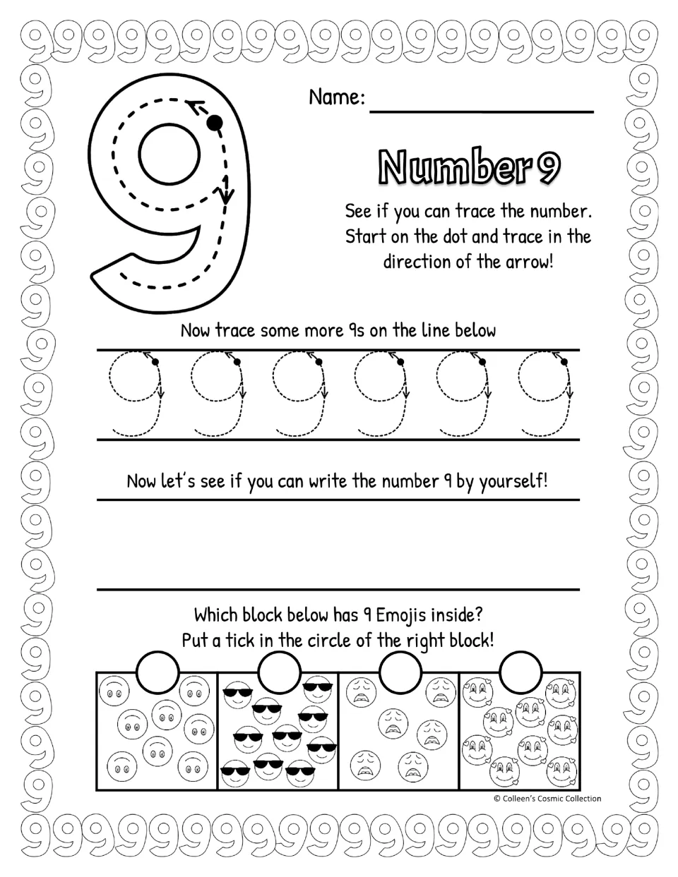 Black-and-white curved-tail 9: trace the big numeral and six dotted 9s, write 9 unaided, then pick the block with 9 emojis