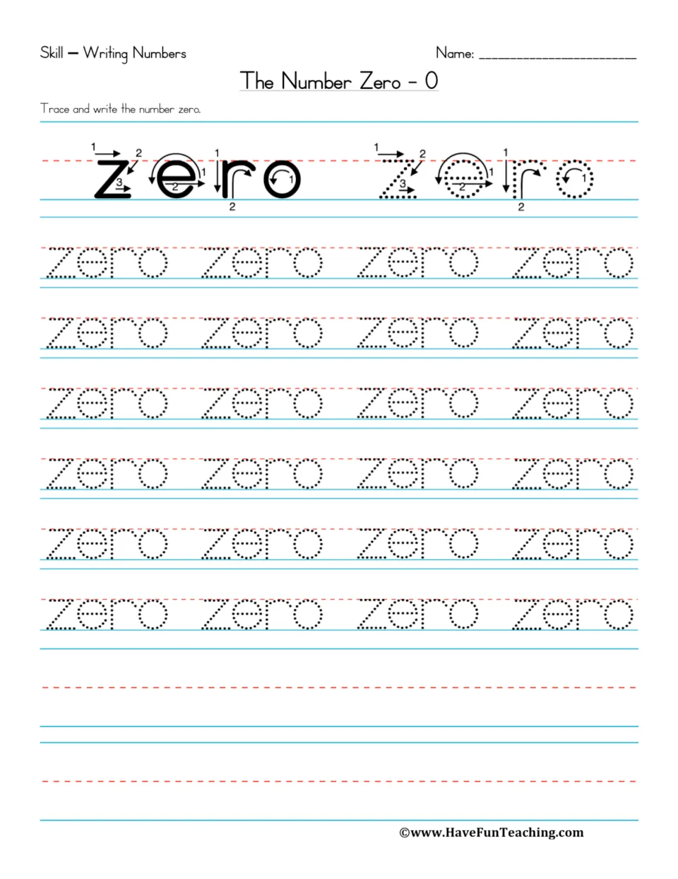 The Number Zero, word only: students follow numbered letter-stroke arrows to trace the word zero in six rows, then write it