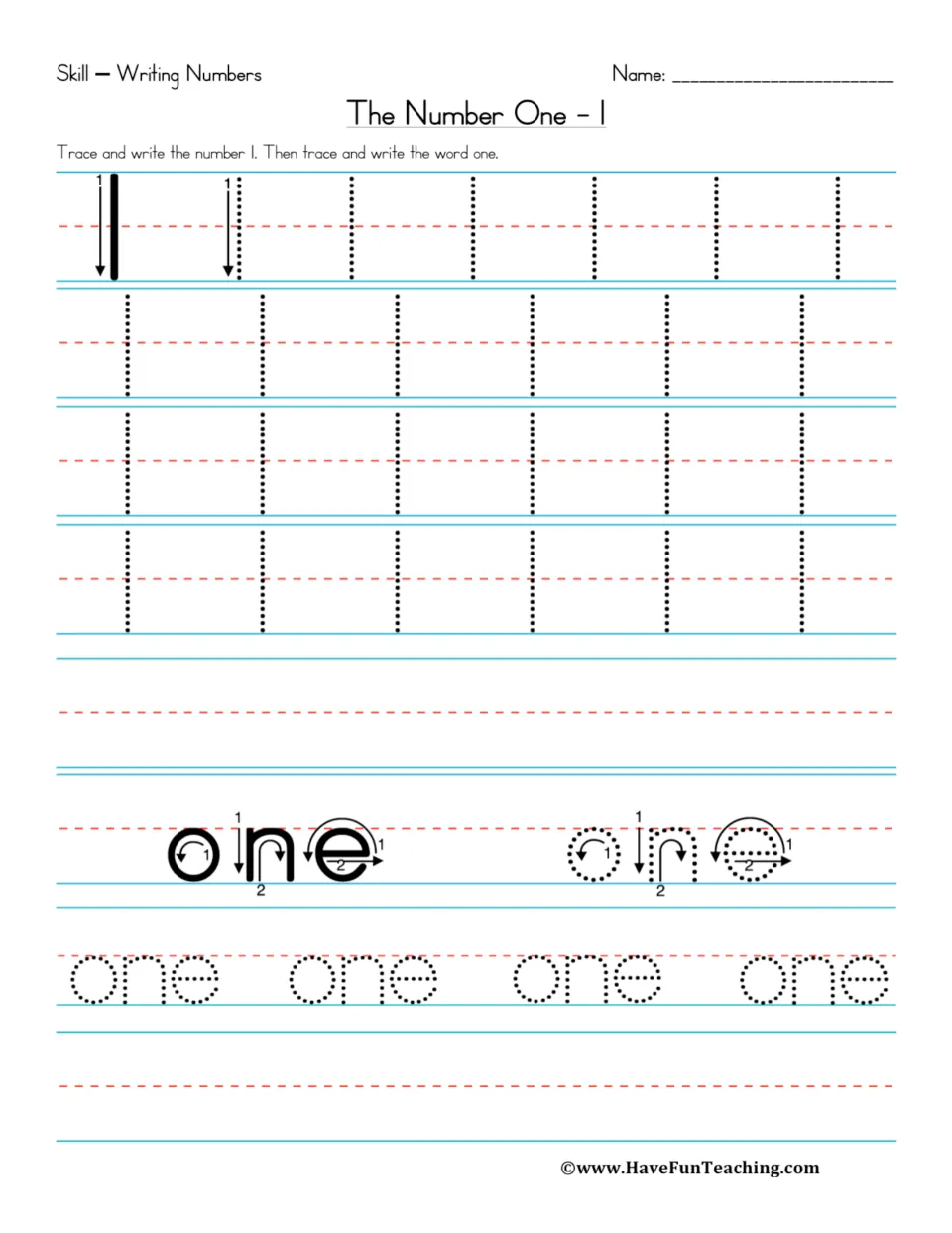 The Number One: students trace and write the numeral 1 from a top-down stroke model, then trace and write the word one