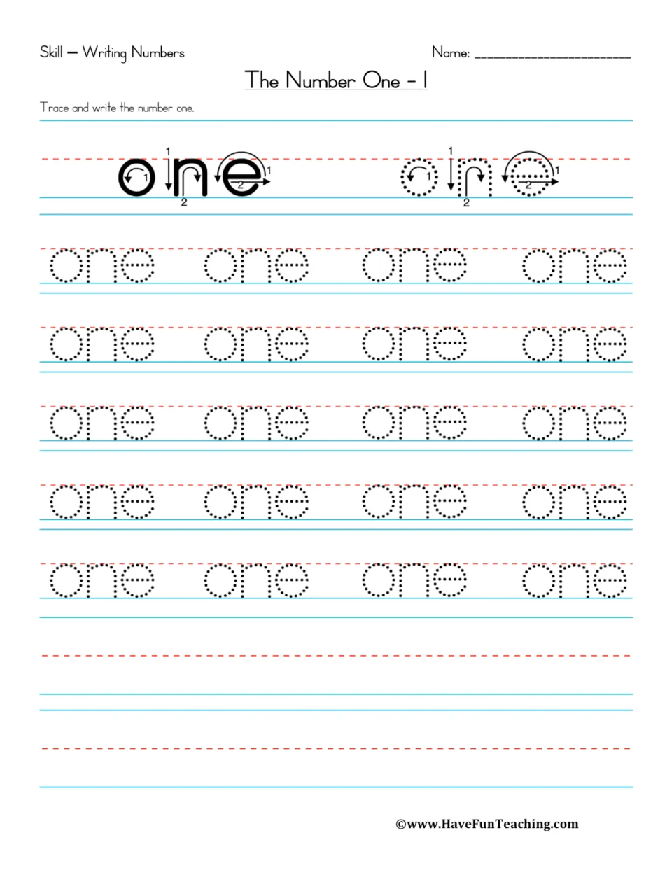 The Number One, word only: students trace the word one in five rows guided by numbered stroke arrows, then write it alone
