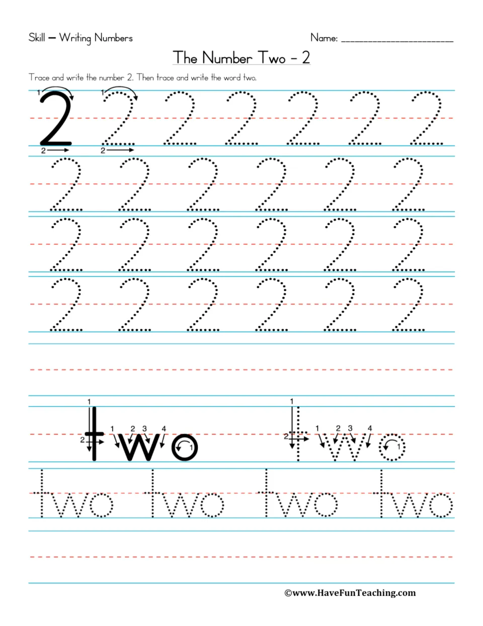 The Number Two: students trace and write the numeral 2 using a two-stroke arrow model, then trace and write the word two