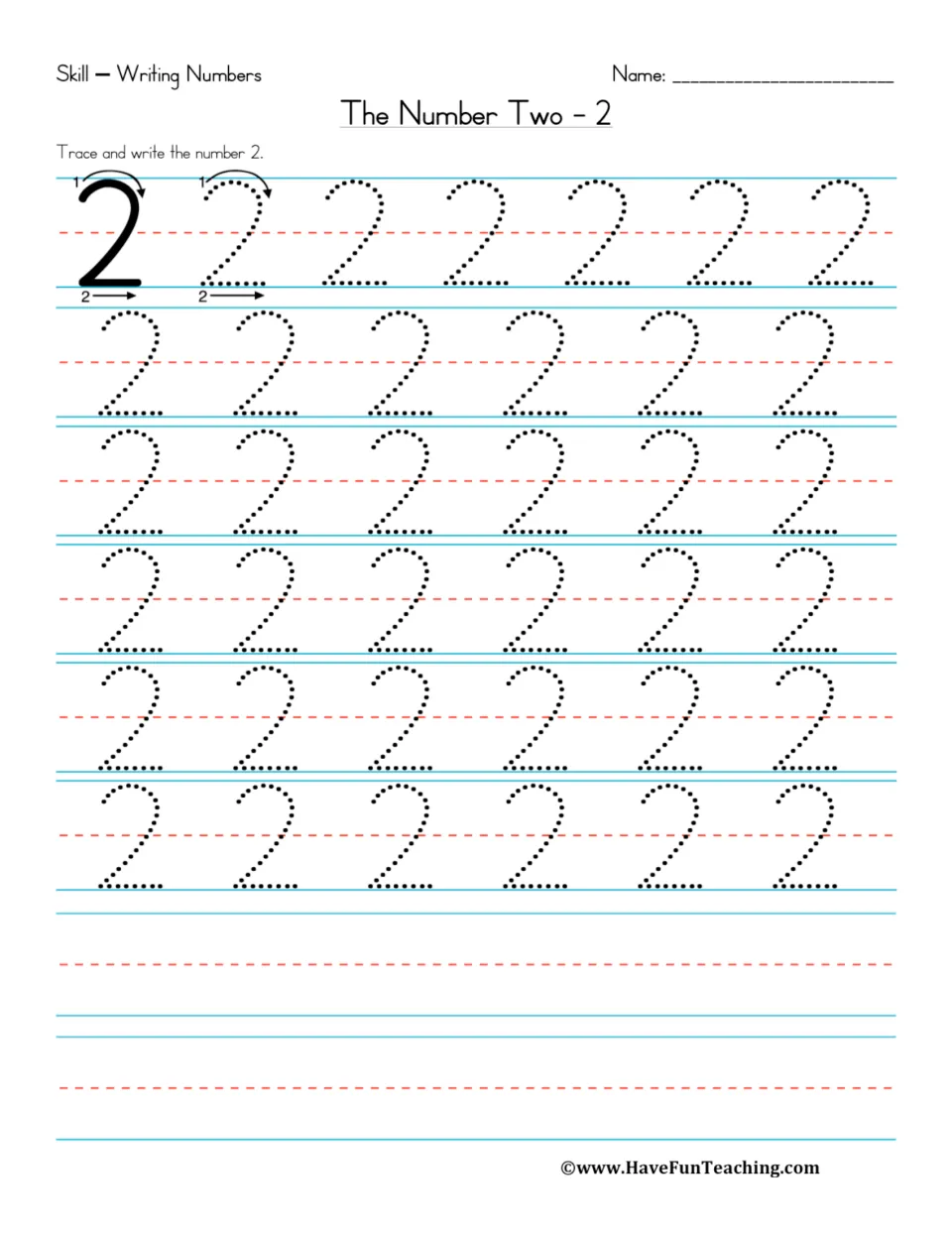 The Number Two, numeral only: students trace six rows of dotted 2s, a curve then a base stroke, before writing 2 freely