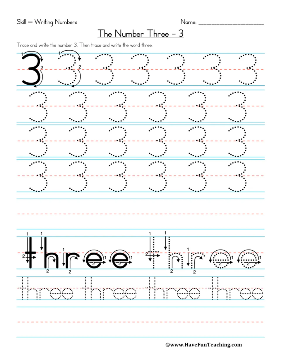 The Number Three: students trace and write the numeral 3 from a two-curve stroke model, then trace and write the word three