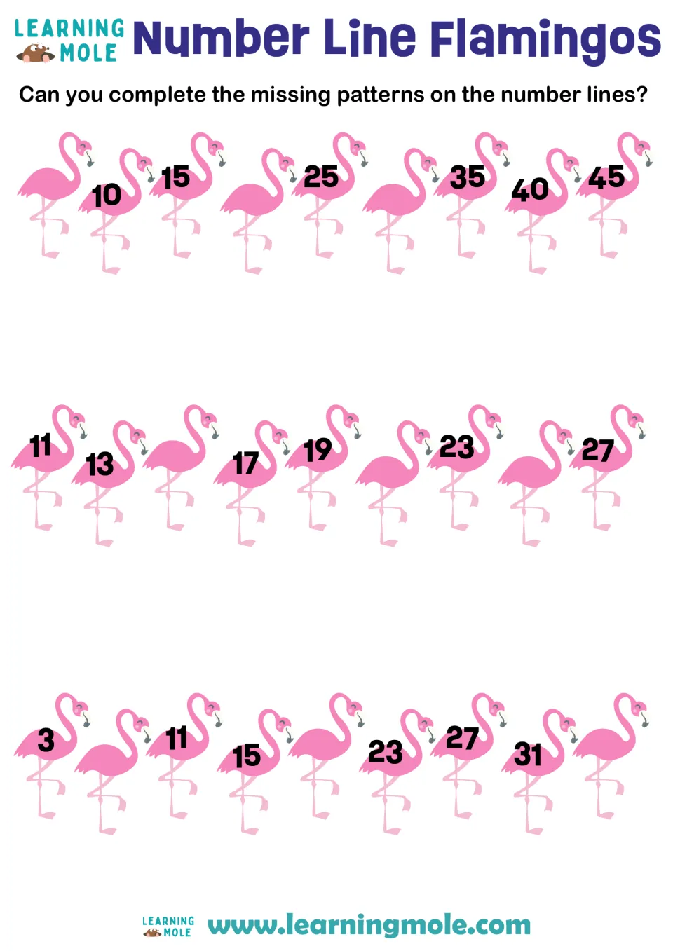 Number Line Flamingos skip counting: students fill in missing flamingo numbers counting by 5s, by 2s and by 4s
