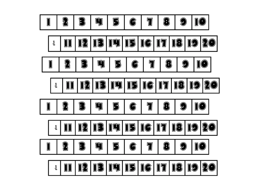 Number lines 1 to 20: four small cut-and-glue sets, each joining a 1-10 strip to an 11-20 strip at a glue tab
