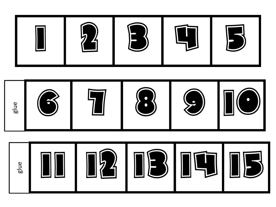 Large 1 to 20 number line, part one: cut-out pieces for 1-5, 6-10 and 11-15 that glue end to end for counting in order